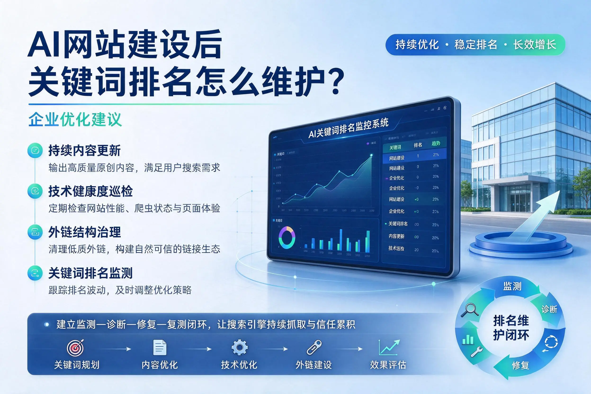 AI网站建设后关键词排名怎么维护？重庆郊县企业优化建议